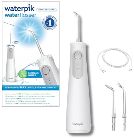 Waterpik Pearl Kabellose Munddusche, Testsieger 2026, 9 Wochen Akkuleistung | 2x effektiver als Zahnseide, 99,9% Plaque-Entfernung, 3 Aufsätze, 2 Druckstufen, Precision Pulse Technologie, sauberere Zähne