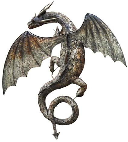 Left Facing 'Guardian' Burnished Metal Dragon Wall Art Garden Sculpture Elegant Outdoor Ornament Weather Resistant Heavy Metal Statue