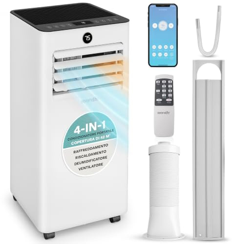 SereneLife Mobile Klimaanlage 9000BTU mit Abluftschlauch, 4-in-1 Klimagerät mit WLAN, Kühlen, Heizen Ventilator und Entfeuchter, bis 31 m², 24h Timer, 55dB, Inkl. Fensterkit, für Zuhause, Büro