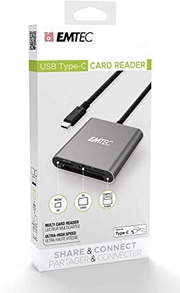 EMTEC, ECCAREADT610C, Lecteur de cartes mémoire USB-C, compatible Micro SD, SD et Compact Flash, design compact et léger, transfert rapide UHS-I, idéal pour les photographes, taille compacte, Noire