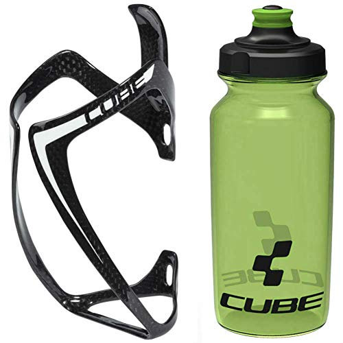Cube HPC 3K Carbon Fibre Cage - Gloss Black & Icon Bottle - Green, 500ml / Lightweight Fibreglass Bicycle Cycling Cycle Bike MTB Mountain Road Water Drink Bidon Bracket Holder HPA HPP Set Accessories