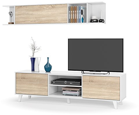 Dmora - Système mural Buffalo, meuble TV, meuble de salon, composition de salon avec élément mural, 180x41h51 cm, blanc et chêne