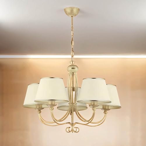 Licht-Erlebnisse Shabby Kronleuchter mit Schirm in Gold Weiß 5-armig BERTHA Hängelampe Esstisch Wohnzimmer