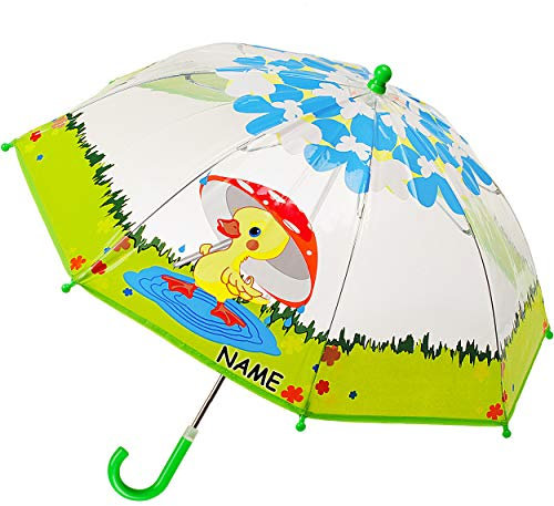 alles-meine.de GmbH Kinderschirm/Regenschirm - süße Ente - inkl. Name - Ø 70 cm - durchsichtig & durchscheinend - transparent - Kinder - Stockschirm - groß mit Griff - Einklemm..