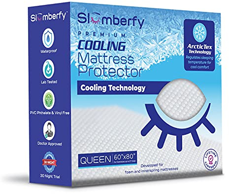 Slumberfy Kühlender Matratzenschoner, hypoallergen, wasserdicht, Queen-Size-Matratzenschutz, 152,4 x 203,2 cm, geräuschloser Matratzenbezug, natürlicher Stoff mit ArcticTex-Kühlung