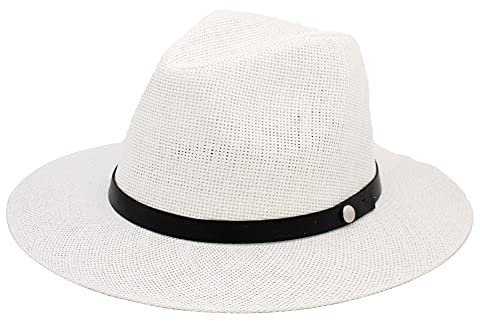 Sombrero Playa Mujer de Paja de Papel, Gorros Hombre de Panamá de Verano UPF 50, Fedora para Playa y Sol de ala Ancha (56cm, Blanco)