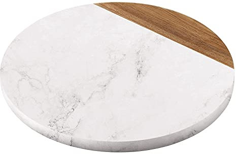 Flexzion Rundes Marmor-Käsebrett – 27,9 cm weißer Marmor und Holz Käsebrett für Charcuterie, Käse, Schneiden, Gebäck, Untersetzer – antihaftbeschichtet und hitzebeständiges Marmorbrett