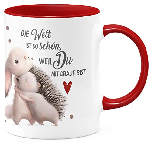 MIKALINO Keramik Tasse Die Welt ist so schön, weil Du mit drauf bist Hase und Igel | Kaffee Becher Kaffeetasse Geschenk, Farbe:rot, Grösse:330ml