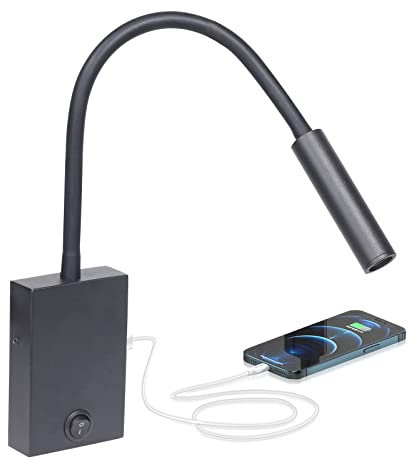 JOYINLED Aplique de pared con lámpara de lectura LED, lámpara de lectura de pared con conexión de carga USB 2.1A, cuello de cisne flexible giratorio 360 LED de 3W para dormitorio 3000K