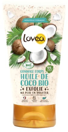 LOVEA - Gommage Corps 2 en 1 - Huile de Coco Bio - Peau Normale à Sèche - Exfoliant & Hydratant - Formule Vegan - 99% d'Origine Naturelle - Grains 100% Naturels - Fabriqué en France - 150ml