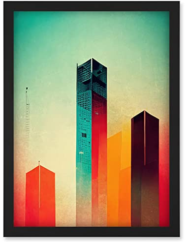 Tower Block Skyscrapers Minimalist Skyline Graphic Design Artwork Framed Wall Art Print A4