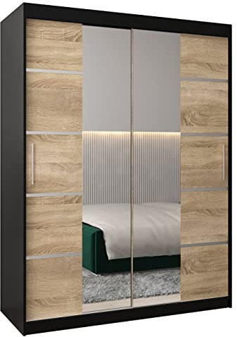 ABIKSMEBLE Verona 4 150 Armario 2 Puertas Correderas para Dormitorio - Armario Moderno con Espejo, Barra y Estantes - 150x200x62 cm (Ancho x Alto x Fondo) - Negro Mate + Sonoma