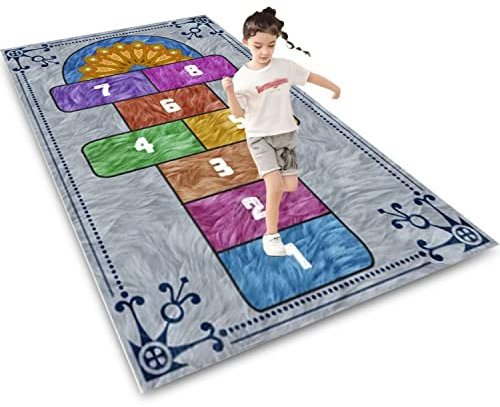 KEBEXXY Hüpfspiel Teppich Kinderzimmer MäDchen Jungen,Spiel-Teppich Mit Hüpfkästchen,Hopscotch Rug,Kinderteppich,Slip Mat für Kinder Teppich Grau Blau(A,200X300CM)