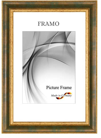 FRAMO N°48 Barock Bilderrahmen DIN A3 (29,7x42) aus Massivholz | Dunkelbraun Gold | Retro Vintage Antik Holzrahmen inkl. bruchsicherer Anti-Reflex Kunstglasscheibe und Metall Aufhängern