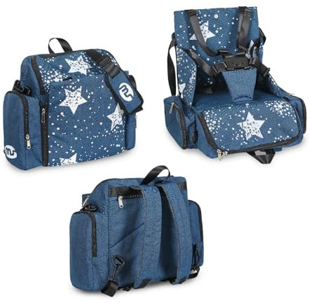 ms babyworld - booster bag stars | rehausseur de voyage portable 2 en 1 avec harnais à 5 points | sac à dos - bandoulière | poche isotherme, distributeur de lingettes et espace pour accessoires