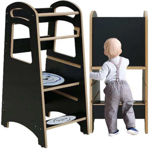 Skyline Steh und Lernturm Baby ab 1 Jahr Montessori Learning Tower Höhenverstellbar Tritthocker Kinder Indoor Möbel Kinderzimmer Trittschemel Kitchen Helper Hochstuhl mit Tafel Board (Schwarz/Teddy)