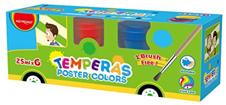 KEYROAD Temperafarben Plakatfarbe mit Pinsel / 6 x 25 ml/Farben: rot, gelb, blau, grün, weiß, schwarz/Malfarben Bastelfarben für Kinder