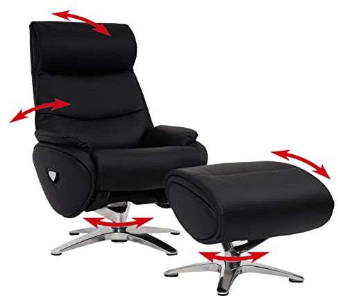 Relaxsessel mit Hocker HWC-K98AM, Fernsehsessel Sessel, Liegefunktion drehbar, Metall Echtleder/Kunstleder - schwarz