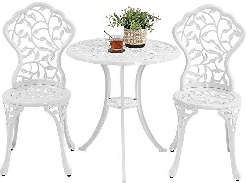 Yaheetech 3-Piece Bistro Dining Set, Outdoor Patio Table and Chairs Antique Aluminium Furniture for Garden Backyard Porch Balcony Lawn Pool, White