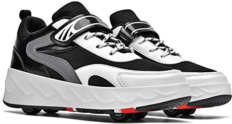 Schuhe mit Rollen 2 in 1 Multifunktionale 4 Rad Rollschuhe für Jungen Mädchen Und Kinder Skateboardschuhe Turnschuhe,Black-30