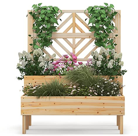 GOPLUS 2 en 1 Jardinière Surélevée avec Treillis en Bois à 2 Niveaux pour Vigne, Bac à Fleurs avec Trou de Drainage pour Légumes, Fruits, Herbes, Fleurs, pour Patio, Balcon, Terrasse