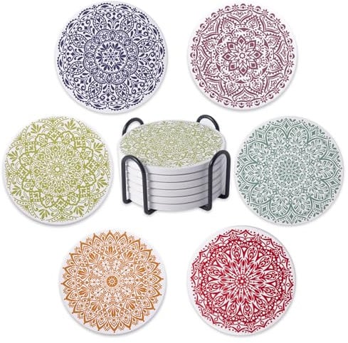 STARUBY Drink Coasters Set of 6 Ceramic Coaster Beautiful Absorbent Coaster Drink Mat with Cork Base Flower3 Patterns Round Coaster Non Slip for Coffee,Beer,Mug,Wine Glass Bottle,Home and Bar