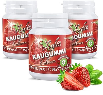 Xylit Kaugummi | Tschüß Karies: 240 zuckerfreie Zahnpflegekaugummi mit 100% Xylit, ohne Aspartam, vegan | Erdbeer (3er Pack)