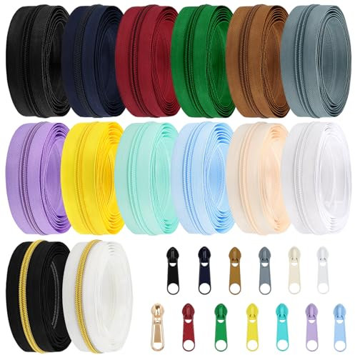DOITEM Endlos Reißverschluss Set mit Zipper 5mm 28 Meter Inklusive 56 Metall Schieber für Kleidung Tasche Mäppchen Bettwäsche, 14 Farben
