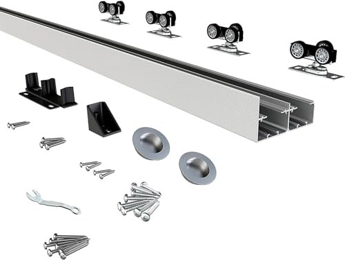 JUBEST Aluminum Sliding Closet Door Hardware Set with Finger Pull, 122cm, Quiet and Smooth Operation, Fits 3.5cm to 4.4cm Thick Doors, Easy to Install