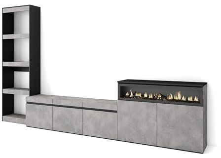 Skraut Home | Muebles de Salón para TV | Conjunto de Muebles Comedor | 310x186x35cm | para TV hasta 65 | Chimenea eléctrica | Estilo Moderno | Cemento