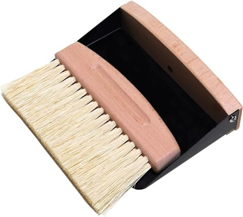 Schaufel und Besen Set,Tischbesen,Tischkehrset aus Holz und Metall,Mini Kehrblech und Handfeger Besen,Nylon Borsten,Schwarz