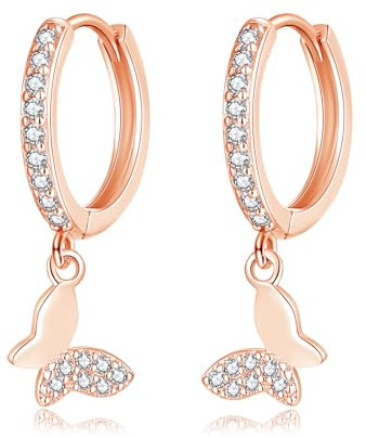 Cangall Silver Drop Hoop Earrings for Women, 925 Sterling Silver Butterfly Dangle Hoop Earrings, Hypoallergenic Small CZ Cartilage Cuff Sleeper Hoop Earrings Rose Gold with Dainty Butterfly Dangling