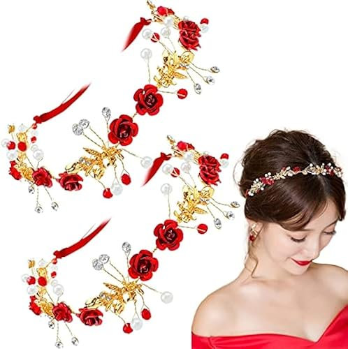 2 Stück rote Blumenkrone, Stirnband, Strass, Perlen, Diadem mit roten Rosen, Brautkrone, Kristall, rotes Stirnband, Hochzeits-Kopfschmuck, Haarschmuck für Damen