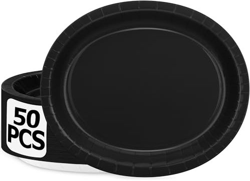 QZYL 50 Count Black Large Paper Plates, 12.2'' X 10.2'' Oval Disposable Paper Plates, Daily Dinner Plates Heavy Duty Paper Plates Party Decorations for Birthday Wedding Formal Dinner Holiday