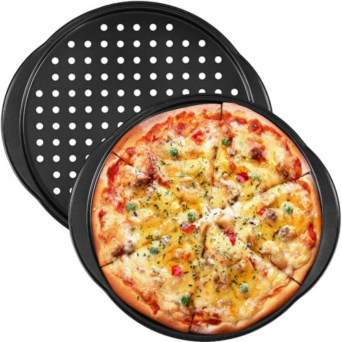 2 bandejas de pizza de 12 pulgadas, para horno, microondas, frigorífico, congelador, bandejas antiadherentes con agujeros y asas, bandeja de pizza de acero al carbono para horno, microondas,