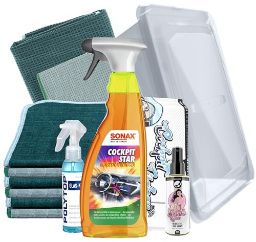 Auto Innenraum Reinigungsset | Sonax CockpitStar 750ml Kunststoffreiniger Innen + Glasreiniger 150ml + 2X Scheibentuch + 6X Mikrofasertuch + Duftspray + Cockpittücher | Reinigungsset Innen