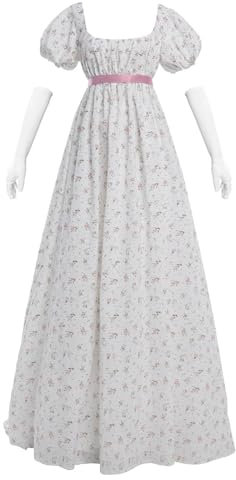 Fiamll Robe Regency Empire Florale Longue - Taille Empire - Robe de Fête - Costume Renaissance, Blanc, L
