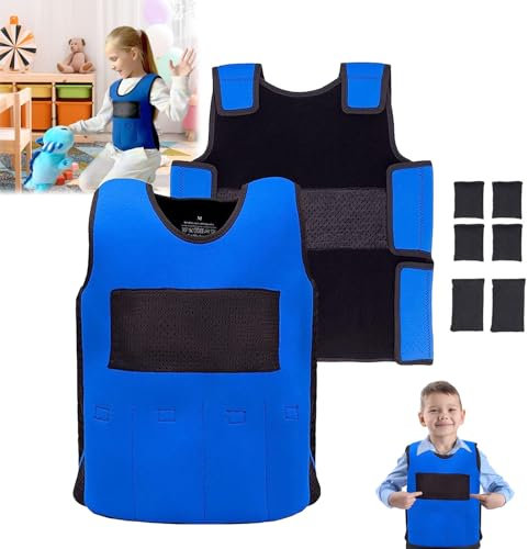 Gilet Lesté pour Enfants, Gilet de Compression Gilet Lesté de Sécurité pour Enfants Souffrant de Surcharge Sensorielle ABR Autisme TDAH SPD SI Veste Lestée 1,3kg Poids Amovible, Bleu