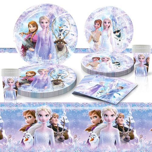 POPOYU 69Pcs Frozen Elsa Paper Party Tableware Set,Girls Frozen Princess Party Paper Plates Paper Cups Napkins Serviettes Elsa Frozen Themed Table Cloth for Kids Girls Birthday Party Table Decor