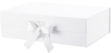 PKGMAGIC Geschenkbox, extra groß, 41,4 x 36,07 x 12,7 cm, Geschenkbox mit Band, extra große Geschenkbox mit Deckel, Geschenkbox für Kleidung und große Geschenke (glänzend weiß)