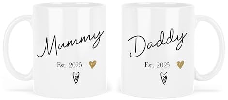 UNIQUEPGIFTS Mummy and Daddy Mugs 2025, New Parents Gift, Mum and Dad to be, First Child, Pregnancy Reveal, Mothers Day Christmas Birthday, White 11 Oz Mug Set (Mummy & Daddy Est. 2025)