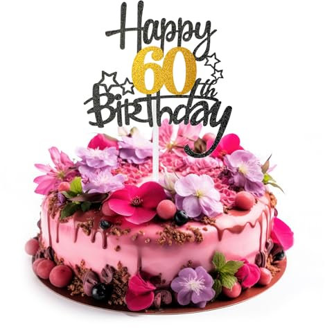 AHQiZFX Happy 60th Birthday Cake Topper, Black Gold Glitter Cheers to 60 Years Birthday Cake Pick 60 Fabulous Cake Decoration for Happy 60th Birthday Anniversary Party Supplies(60th)