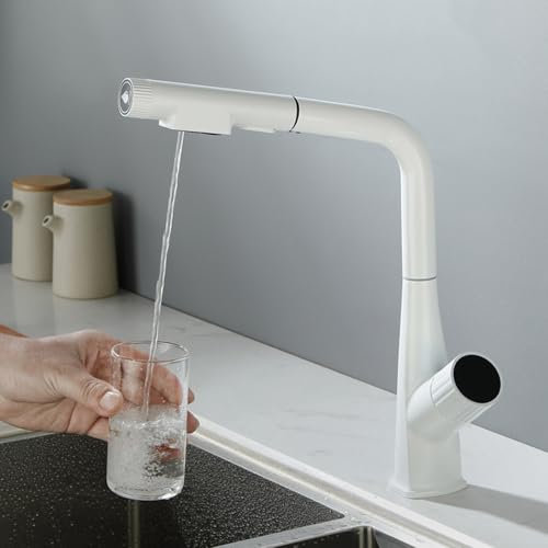 Grifo de Cocina de 3 Vías Grifo de Cocina Blanco Extensible con Pantalla Mezclador Monomando Cocina Grifo Giratorio de 360 ° Caño En Forma de L