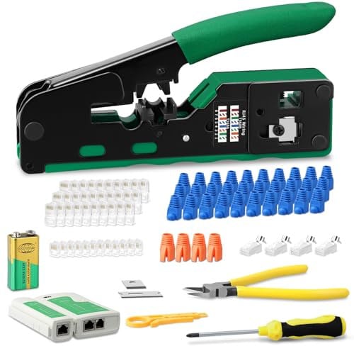 Pinza Crimpatrice Kit RJ45, Strumenti Kit di Rete con tester cavi di rete, 4 x CAT.6a/7 RJ45 connettori, 30 x CAT.5/5e/6 RJ45 connettori, 10 x 6P6C RJ11/12 connettori