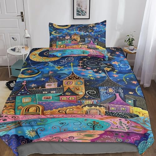 Kinder-Bettwäsche-Set mit Reißverschluss, Märchen, Kleinstadt, für Jungen, Teenager, Einzelbett, 135 x 200 cm