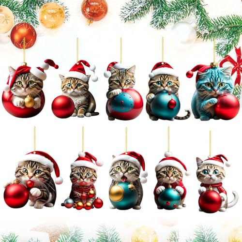 KIPTVO 10PCS Christmas Tree Decorations, 2D Acrylic Cat Pendants with Fun Cartoon Design, Hanging Ornaments for Xmas Tree, Festive Holiday Home Decor Gift for Cat Lovers