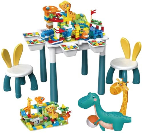 6-in-1 Multifunktionaler Kinderspieltisch mit 304 Bausteinen & Dinosaurierbahn, inkl. 2 Hasenohr-Stühlen, für Kinder ab 3 Jahren – Lern-/Spiel-/Aufbewahrungstisch, vielseitig einsetzbar (48x48x49cm)