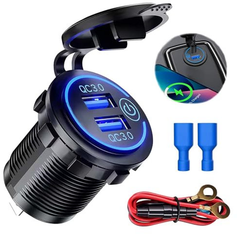 DONOONIS Presa USB 12V Auto, Doppio USB Impermeabile, LED Indicazione, QC3.0, Per 12V~24V Auto Barca Moto SUV Bus Camion Caravan