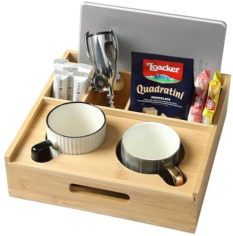 ROCDEER Couch Caddy, Bamboo Couch Cup Holder Tray with 6 Compartments, Sofa and Bed Organizer for Drinks, Snacks, and Remotes