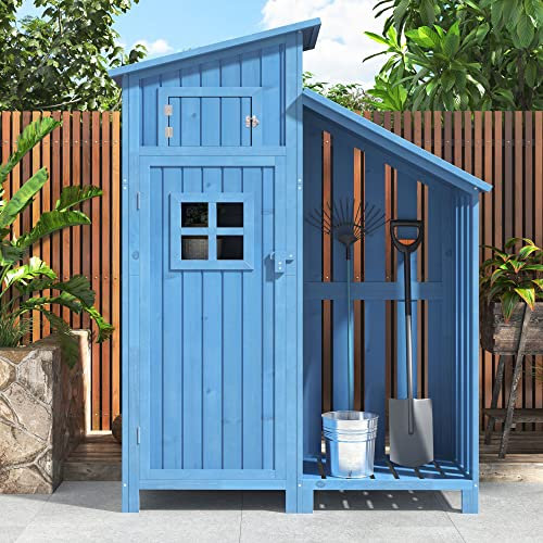 Abri de Jardin en Bois, Cabane de Jardin avec PVC à Structure en Forme de Selle, Coffre de Jardin avec Fondation et 2 étagères de Rangement, Armoire Outils de Jardinage, 124x46x174cm Bleu